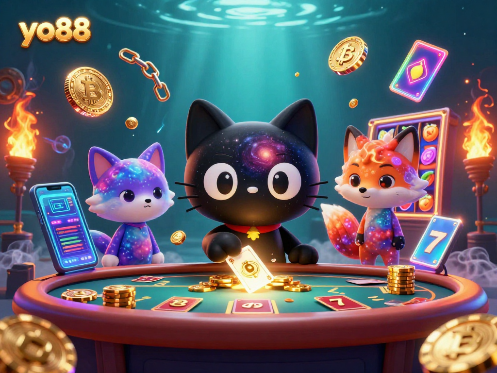 Engaging cosmic casino scene at yo88 with playful characters attracting crypto symbols