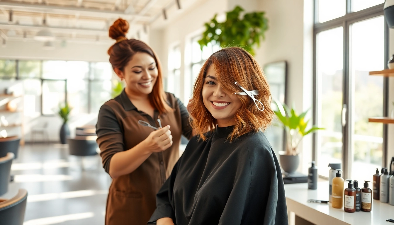 hair salons san diego showcasing a modern salon with a stylist cutting hair in a relaxed, inviting atmosphere