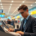 Fill out an eta application uk form at a busy airport kiosk for efficient travel.