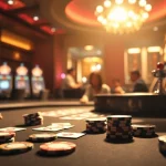 Players enjoying 68 game bài at a luxurious casino table with poker chips and cards.