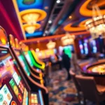 Experience the thrill of idnslot at a luxurious casino with vibrant slot machines and excited players.