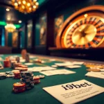Betting table at i9bet featuring exciting action with cards, chips, and a roulette wheel.