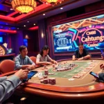 CM88 players engaging in exciting poker action at a luxurious casino table, blending tradition with online gambling.