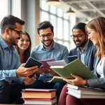 Engaged group of TOEIC test takers for hire strategizing in a collaborative study environment.