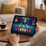 Engaging live dealer blackjack gaming experience with CM 88 on a tablet in a cozy setting