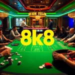 Players engaging in poker and baccarat at the 8k8 casino, showcasing excitement and luxury.