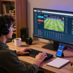 User engaging with CM 88 sports betting app, focused on upcoming games and live odds in a modern home setup.
