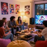 Group enjoying a hentai game together in a cozy living room with gaming consoles and snacks.