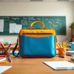 Hochwertige Handytasche Klassenzimmer sorgfältig auf einem Schreibtisch präsentiert mit Schulmaterialien.