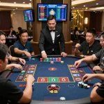 Tài xỉu MD5 game showcasing players betting energetically in a modern casino environment.
