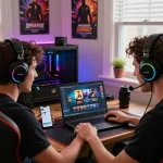 Engaged player enjoying a thrilling mobile porn game in a cozy gaming setup with vibrant lighting.