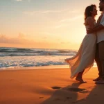 Destination photographer capturing a couple's romantic moment on the beach at sunset.