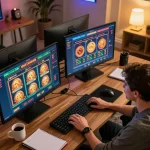 Player engaging with slot gacor on multiple screens, showcasing strategic online gaming setup for responsible gambling.
