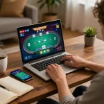 Player engaging in an online tr88 poker game from home, surrounded by betting strategy notes and a vibrant gaming setup.