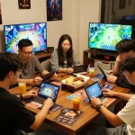 Engaging game night scene featuring friends playing xổ số hubet88 in a cozy living room.