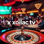 Xoilac tv enhances the excitement at a vibrant casino scene featuring roulette, poker, and slot machines.