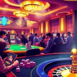 Experience thrilling action at Nhà cái uy tín F168 with players enjoying poker and slot games in a luxurious casino setting.