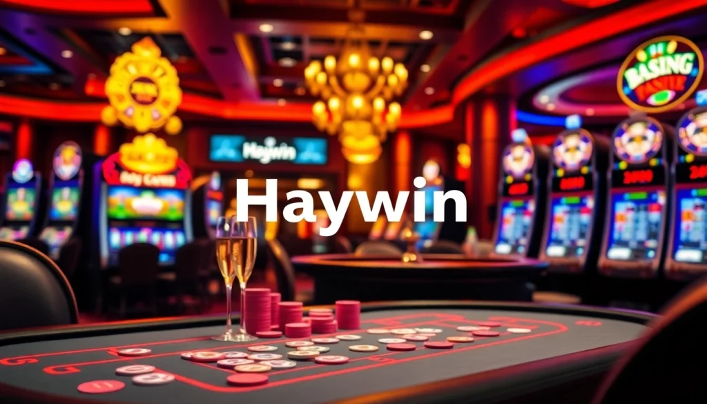Experience the thrill of Haywin casino as players engage at a vibrant poker table surrounded by slot machines.