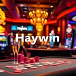Experience the thrill of Haywin casino as players engage at a vibrant poker table surrounded by slot machines.