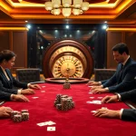 Engaging players enjoy an intense poker game at OK FUN casino, surrounded by luxury and excitement.