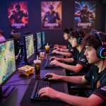 nổ hũ hubet88 esports gaming event with players in action and vibrant atmosphere.