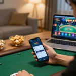 Playing online poker with luck8 đăng nháºp on mobile device in a cozy living room setting