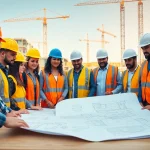 Engaged team at a construction site focusing on construction advocacy with blueprints and safety gear.