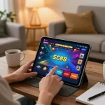 Playing SC88 casino app on a tablet in cozy home environment.