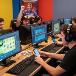 Players engaging with KO66 đăng nháºp platform in a vibrant gaming lounge showcasing excitement and interaction.
