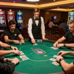 Players engaged in an exciting poker game at LC88 casino with warm lighting and thrilling atmosphere.