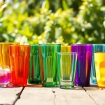 Tumblers arranged beautifully on a wooden table, showcasing colorful designs in natural light.