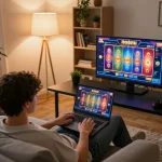 Engaging in exciting gameplay at nohu 28 online casino from a cozy modern living room.