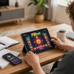 Player enjoying F8bet online casino game on tablet with betting strategies nearby.