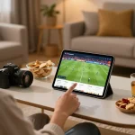 Socolive user enjoying live football streaming on a tablet in a cozy home setting.