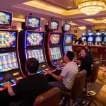Players enjoying slot machines at VA88 casino, vibrant displays and lively atmosphere