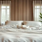 A beautifully styled queen size bed in a relaxed, inviting bedroom environment.