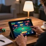 F8bet player engaging with online poker game on tablet in cozy home setup.