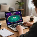 Person strategizing while playing poker online, showcasing engaging gameplay on 789win platform.