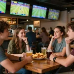 Friends engaging in dynamic sports betting at mb66-t, enjoying live games in a vibrant bar.