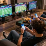 Kuwin users engaging in dynamic sports betting on multiple devices during a home viewing party
