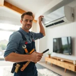 AC Repair Tampa service technician performing repairs on modern air conditioning unit.
