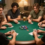 Friends playing poker at home table while strategizing, showcasing KP88 gaming atmosphere.