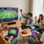 Exciting online gambling experience on VN88 with players enjoying sports betting and casino games in a vibrant living room.