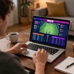 Person engaged in sports betting on MK8 app at home, analyzing odds with strategy notes.