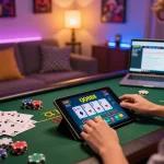 Engaged player experiencing QQ888 live blackjack on tablet, showcasing strategic betting in cozy casino-themed space