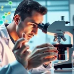 Analyze peptides under a microscope in a well-lit modern laboratory setting.