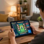 Engaging in situs slot gacor gameplay on tablet in a cozy living room setting