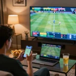 Engaged bettor navigating NoHu sports betting options on smartphone and laptop in cozy home setting.