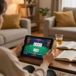 CM88 COM player engaging in online poker gaming from their cozy living room environment.