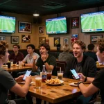 CAKHIATV betting enthusiast engaging on smartphone during live football match in a sports bar.